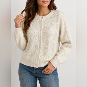 Vintage Jaclyn Smith Embellished Knit Cardigan Sweater – Size Large Ivory/Cream
